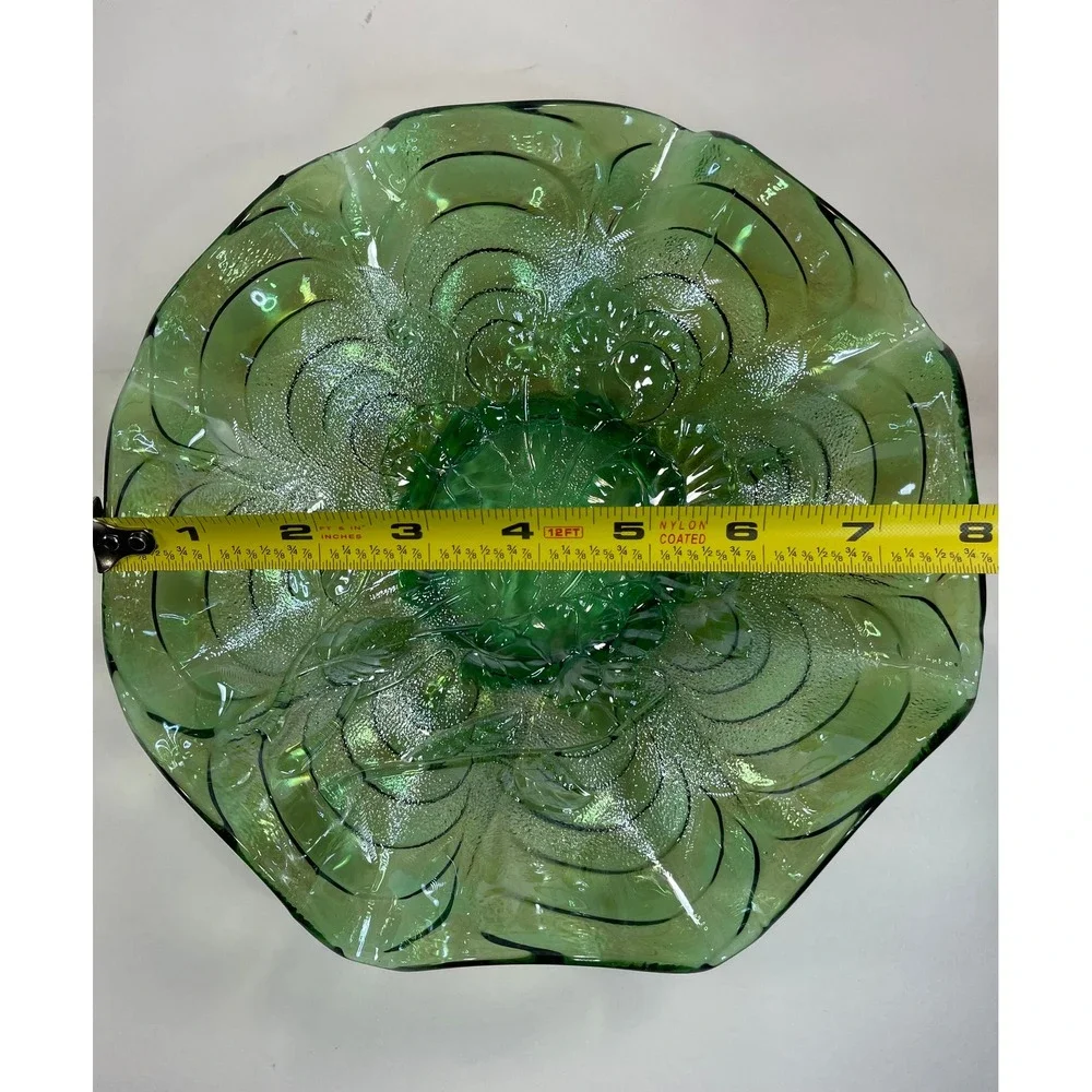 Vtg Imperial Carnival Glass Green Iridescent Pansy Ruffle Bowl Retro